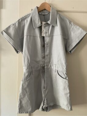 New Zara Light grey blue Button-Front Short Sleeve Denim Romper size S